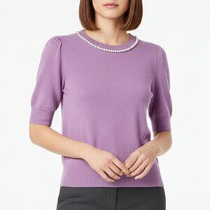 Kate Spade Pearl Crystal Trimmed Collar Sweater Short Sleeve Liliac Purple XS